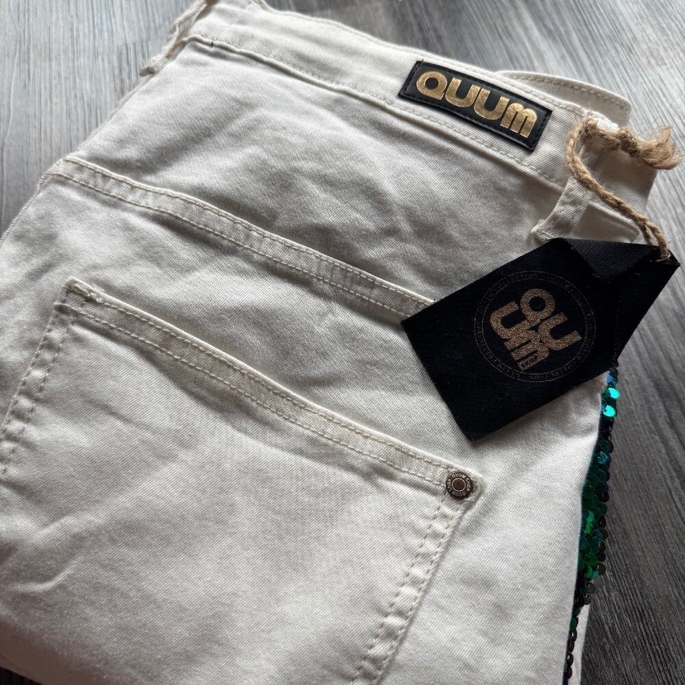 NEW QUUM Shop Women's 2XL White Stretch Sequin Jeans Destressed Blue Green - Picture 7 of 7